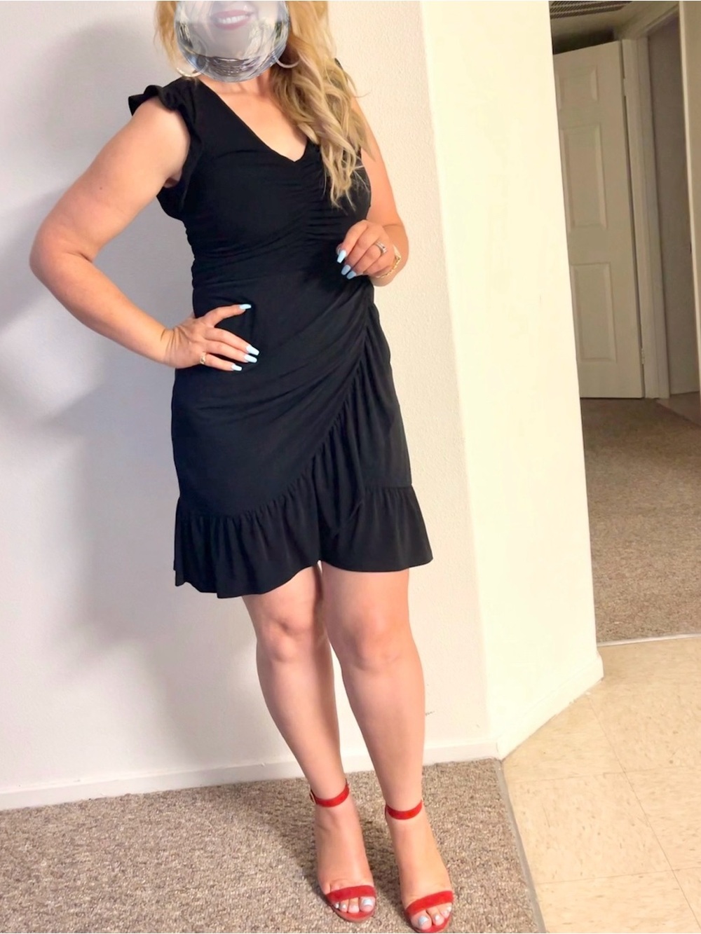 Michael Kors Black Ruched V-Neck Midi Dress